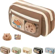 Sztxj Capybara Pencil Case, Cute Kawaii Canvas Capybara Pencil Bag, Large Capacity Multi-Layer Transparent Capybara Pencil Case (Brown)