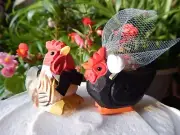 Rooster &black hen Cake Topper Bride Groom Love Wedding Engagement Wood Statue