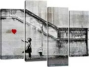 [Pyradecor] Banksy Grafitti Girl with Red Balloon Large 4 Panels Modern Stretched and Framed Giclee Canvas Prints Artwork Grey Love Pictures Paintings on Canvas Wall Art for Office Home Decorations L