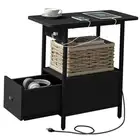 End Table with Charging Station, Narrow Side Table with Drawer and USB Black