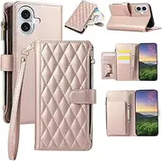 for iPhone 16 Plus Wallet Case,for iPhone 16 Plus Case, PU Leather Wallet Flip Cover Stand Feature[6 Card Slots] [1 Cash Pocket] [1 Zipper Coin Pocket] with Wrist Strap-Rose Gold