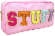 Fablinks Pink Nylon Cosmetic Bag with Chenille Letter Patches, Pink, 9-Inch, Stuff-Pink