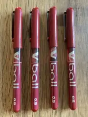 Pilot V-Ball 0.5mm Pure Liquid Ink Rollerball Pens Red, PKT 4 PENS (BRAND NEW)