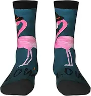 [JEJEA] Halloween Flamingo Witch Hat print Socks For Men and Women Men's Moisture Control Crew Socks Gifts For Golf, Hunting, Camping