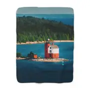 Round Island Lighthouse Sherpa Fleece Blanket - Cozy Mackinac Island Michigan