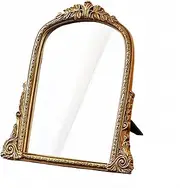 HSDDHOME Vintage Gold Vanity Makeup Desk Mirror - Antique Chic Arch Table Mirror with Carved Resin Frame, Small Standing Arendahl Mirror for Living Room, Bedroom, Tabletop (13.2" x 12.8")