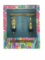 Lilly Pulitzer CHEERS Barware Set Wine Stopper Corkscrew Pineapple Flamingo Gold