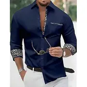 Men's Shirt Summer Shirt Dress Shirt Button Up Shirt Casual Shirt Black White Navy Blue Long Sleeve Floral Color Block Lapel Daily Vacation Patchwork Clothing