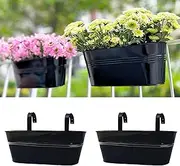 LaLaGreen Deck Railing Planter Box (2 Pack, 17 Inch) Large Black Metal Window Flower Boxes Outdoor, Wall Hanging Planters Plant Holder Hooks Fence Rail Bucket Modern Countryside Boho Style Patio Porch