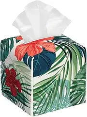 Vegetation Leaves with Hibiscus Flowers Print Tissue Box Cover Square Waterproof Design for Bathroom Box Table Car and More