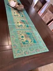 Table Runner Green Tapestry 60 Inch Silk Runner Elephant Turquoise Gift Boho