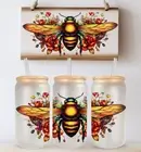 Big Bee 16oz Glass Can, Bamboo Lid Reusable Straw, Iced Coffee Smoothie Beer Can