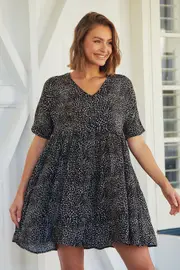 Regina Button Front Black Speckled Print Smock Dress