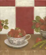 * STRAWBERRIES IN BOWL CUP on SHELF RED & WHITE CHECK Wallpaper bordeR Wall