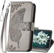 for iPhone 11 Wallet Case,Women Flip Folio Cover with Butterfly Embossed PU Leather Stand Card Holder Slots Magnetic Detachable Wrist Strap for iPhone 11 6.1 inch (Gray)