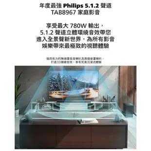 【PHILIPS飛利浦】 5.1 2聲道全景聲環繞家庭劇院/聲霸喇叭(TAB8967/96)回函贈TAT5505藍芽喇叭