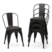 Costway Metal Dining Chair Set of 4 Stackable Kitchen Chairs w/Removable Backs & PU Leather Cushioned Seat Black