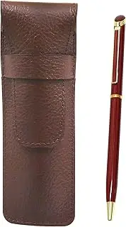 SASTYO-WD002-R Cowhide Leather Pen Case Epoxy Rotating Ballpoint Pen Set, Red