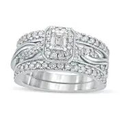 1.0 CT. T.W. Emerald-Cut Natural Diamond Frame Twist Shank Antique Vintage-Style Bridal Engagement Ring Set in Solid 14K White Gold