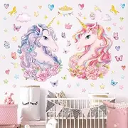 DECOWALL SG2-2412 Two Large Unicorns Wall Stickers Rainbow Kids Colorful Decals Removable for Girls Nursery Bedroom Living Room Art Home Decor Decoration Peel Stick Birthday Crown Star Heart