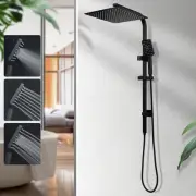 WELS Black 12'' Square SUS Shower Head 3-MODE Handheld Gooseneck Wall Arm SET