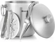Ice Bucket with Lid, Scoop, Tongs and Strainer - Well Made Insulated Stainless S