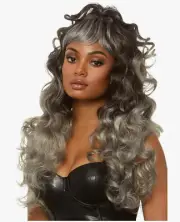 Womens 24" Curly Wispy Bang Wig Black With Grey