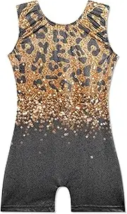 [EQSJIU] Biketards for Girls Gymnastics Sparkly Black Unitards Leopard Gymnastics Leotards for Girls 9-10 Years Birthday Party Gift Dance Outfits, Gold Leopard Black, 9-10 Years