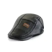 Collrown Beret Mens Adjustable PU Leather Flat Cap Stitch Newsboy Cap Driving Fishing Cabbie Hat Peaked Cap for Autumn W