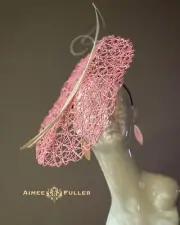 Aimee Fuller Royal Ascot Kentucky Derby Hat Pink White Loop Quill Big Fascinator