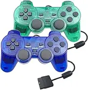 JINHOABF 2 Pack PS2 Wired Controller,Double Shock Gamepad Compatible with Playstation 2 Console (Clear Green and Clear Blue)