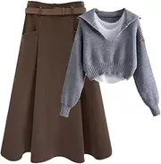 [Generic] Women's Spring Winter Set Women's Slim All Match Strap Long Sleeve Sweater Tops Half Skirt Three Piece Set