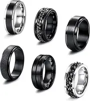 [sailimue] 6 Pcs 6/8 MM Black Spinner Rings for Men Women Stainless Steel Fidget Ring Anxiety Stress Relieving Cool Chain Fashion Ring Set Wedding Promise Band Rings Size 7-13