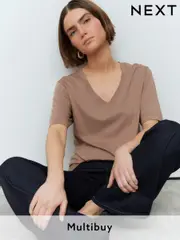Neutral Cotton Modal Slouch V-Neck T-Shirt (E59959) | $19