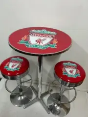 LIVERPOOL FOOTBALL CLUB EPL PREMIUM BAR STOOLS X 2 AND TABLE ADJUSTABLE HEIGHT