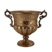 ANTIQUE EMBOSSED GOLD METAL GRECO ROMAN INSPIRED URN VASE POT PLANT HANDLES