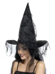 Black Witch Hat with Netting Costume Accessory Adult Halloween