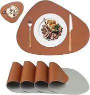 Oval Placemats Set,Faux Leather Placemats Table Mats for Round Table,Dual-Sided Round Place Mats Wipe Clean Washable Non-Slip Heatproof for Kitchen Dining Patio Table(Brown,4 Placemats+4 Coasters)