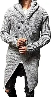 [SWJGLITTR] Men's Mid-Length Knitted Cardigan Ribbed Knit Sweater Pockets for Men Casual Cable Knit Hooded Cardigans, Light Gray, X-Large