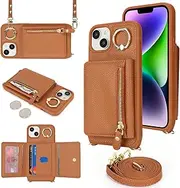 SunYoo for iPhone 14 Plus 15plus Crossbody Case with Card Holders Slots Zipper Coin Purse Ring Kickstand Cover Wristlet Strap Lanyard Litchi Leather Wallet Cover for iPhone 15 Plus 14Plus Brown