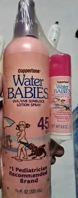 NOS Coppertone Water Babies Sunblock Lotion Bottle 45 SPF 11 Fl Oz Discontinued