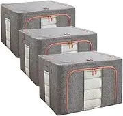 Qiccijoo 3Pack Clothes Storage Bag Foldable Closet Organizers Storage Containers,Large Storage Bins for Comforters, Blankets, Bedding,Toys, Books, Foldable with Sturdy Zipper,Clear Window, 72L-Grey