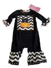 NWT Ann Loren Halloween Romper Cat Pumpkin Black White Ruffle Longsleeve 6-12 M