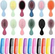 24 Pieces Mini Hair Brush, Bulk Mini Brush Set Include 12 Mini Detangling Brushes and 12 Bulk Combs, Mini Wet Hair Brush Hair Combs Set for Girls Women Boys Men Wet Dry Curly Hair, Multicolor