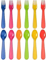 PLASKIDY Kids Utensils Set of 16 Weat Straw Toddler Forks and Spoons BPA Free/Dishwasher Safe Toddler Silverware Brightly Colored Kid Cutlery Set