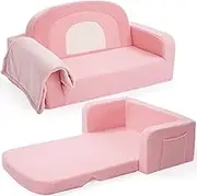 Extra Wide Kids Couch, 2-in-1 Soft Toddler Couch with Blanket, Comfy Toddler Chair, Convertible Sofa to Lounger with Cute Rainbow Design, Pink