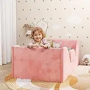 Toddler Bed, Toddler Floor Bed Frame with Guard Rails, Small Bed for Kids Boys and Girls Aged 2-6 Years, Standard Crib Mattress Toddler Beds, Certified Fabric Toddler Beds(Big Pink)