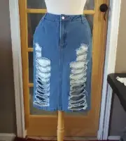 Denim Pencil Skirt NEW Sexy Distressed Modesty Lining Sz M PKC Classic Blue Rare