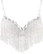 [Amagogo] Women's Sequins Glitter Bra Fashion Tassel Belly Dance Costumes Crop Tops Dancewear - White