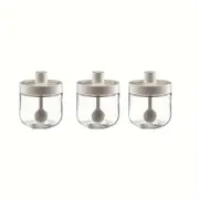 3PCS Glass Seasoning Jar with Spoon Lid Kitchen Salt Spice Storage Box Organizer